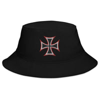 Black bucket hat with WWII Style Iron Cross Occult Symbol embroidered artwork, front view