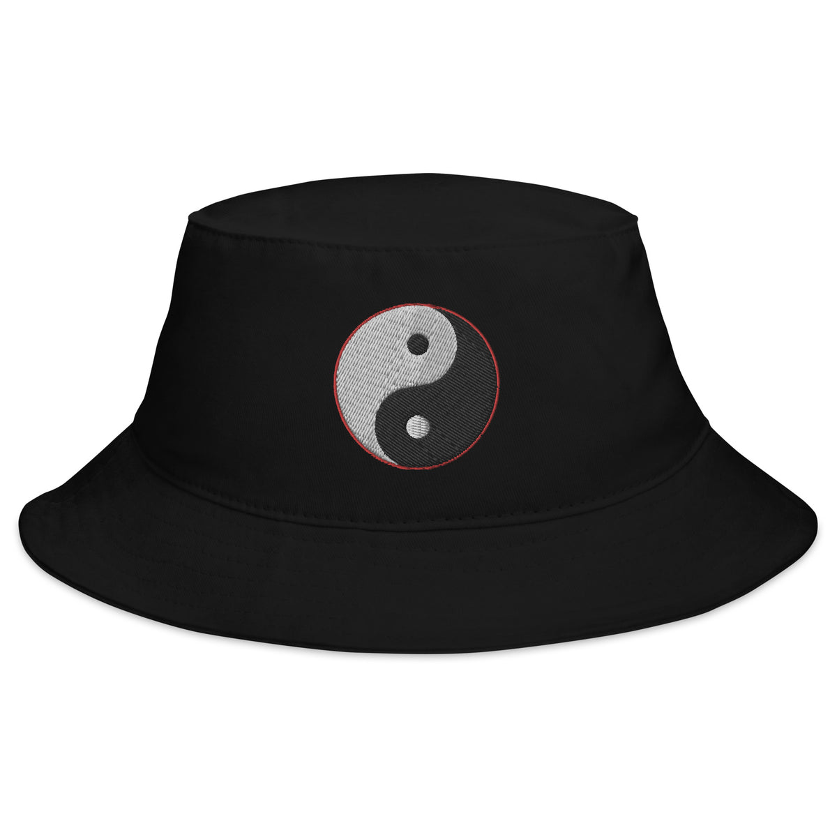 Black bucket hat with Yin and Yang Chinese Symbol embroidered artwork, front view
