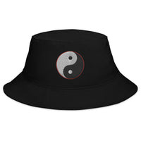 Black bucket hat with Yin and Yang Chinese Symbol embroidered artwork, front view
