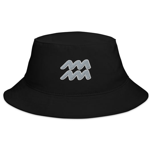 Black bucket hat with Zodiac Sign Aquarius embroidered artwork, front view