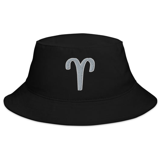 Black bucket hat with Zodiac Sign Aries embroidered artwork, front view