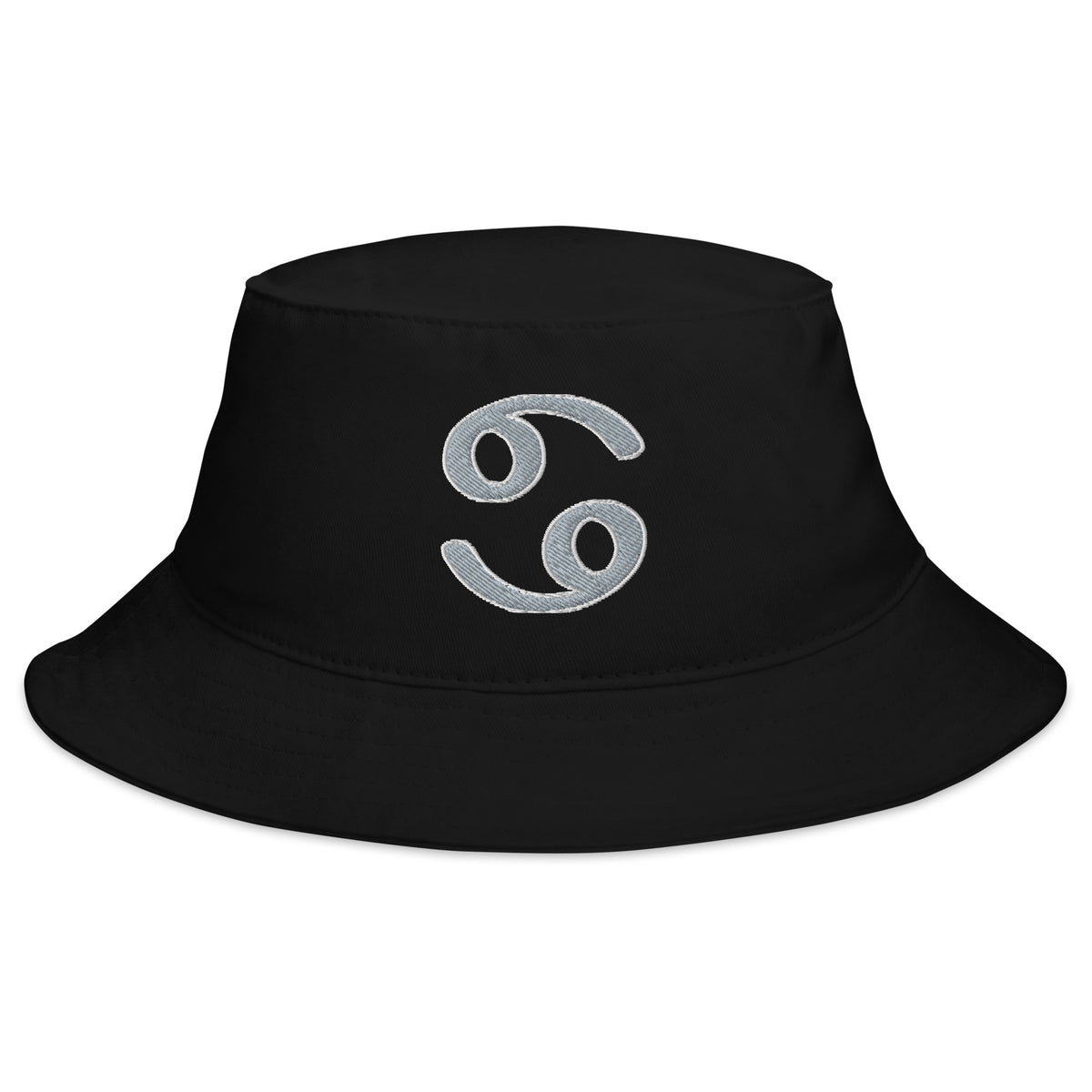 Black bucket hat with Zodiac Sign Cancer embroidered artwork, front view