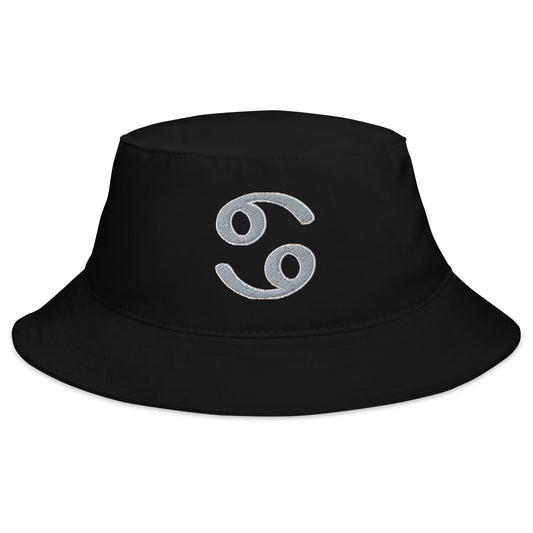Black bucket hat with Zodiac Sign Cancer embroidered artwork, front view