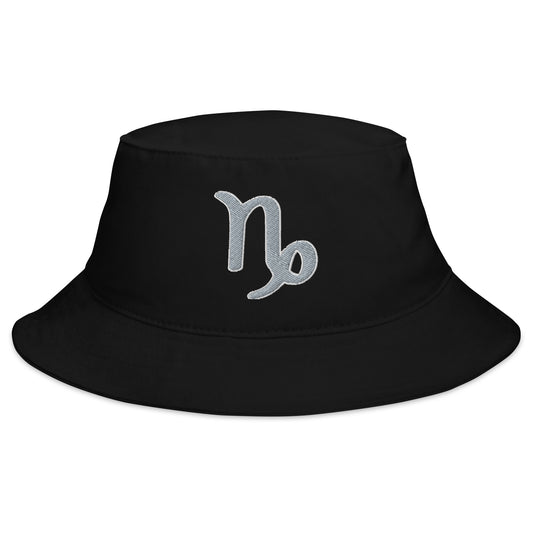 Black bucket hat with Zodiac Sign Capricorn embroidered artwork, front view