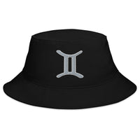 Black bucket hat with Zodiac Sign Gemini embroidered artwork, front view