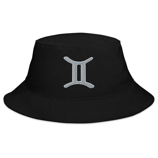 Black bucket hat with Zodiac Sign Gemini embroidered artwork, front view