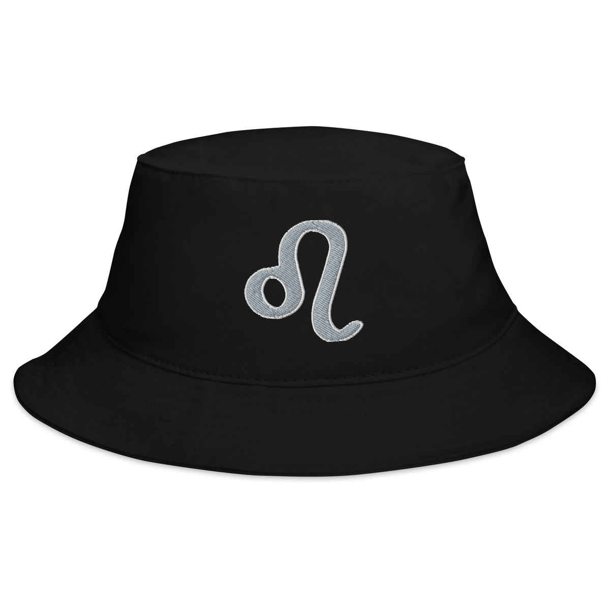 Black bucket hat with Zodiac Sign Leo embroidered artwork, front view