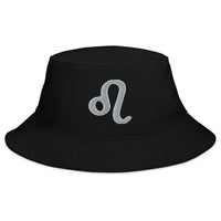Black bucket hat with Zodiac Sign Leo embroidered artwork, front view