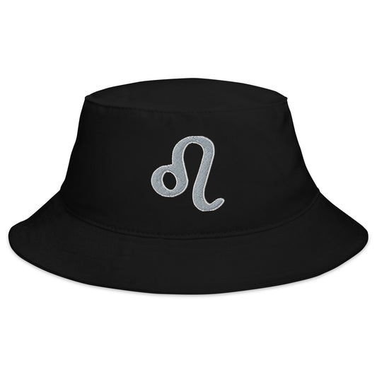 Black bucket hat with Zodiac Sign Leo embroidered artwork, front view