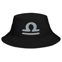 Black bucket hat with Zodiac Sign Libra embroidered artwork, front view