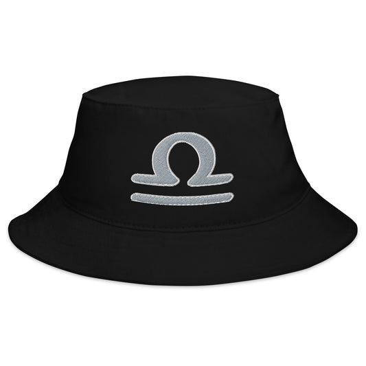 Black bucket hat with Zodiac Sign Libra embroidered artwork, front view