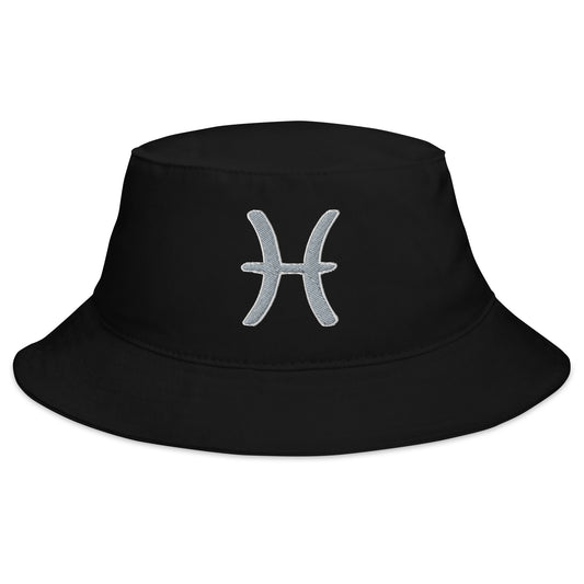Black bucket hat with Zodiac Sign Pisces embroidered artwork, front view