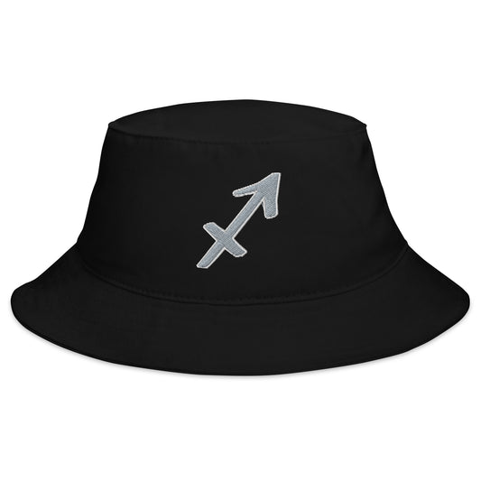 Black bucket hat with Zodiac Sign Sagittarius embroidered artwork, front view