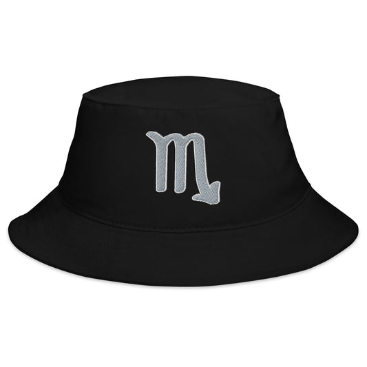 Black bucket hat with Zodiac Sign Scorpio embroidered artwork, front view
