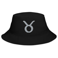 Black bucket hat with Zodiac Sign Taurus embroidered artwork, front view