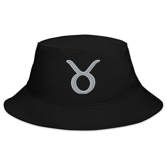 Black bucket hat with Zodiac Sign Taurus embroidered artwork, front view