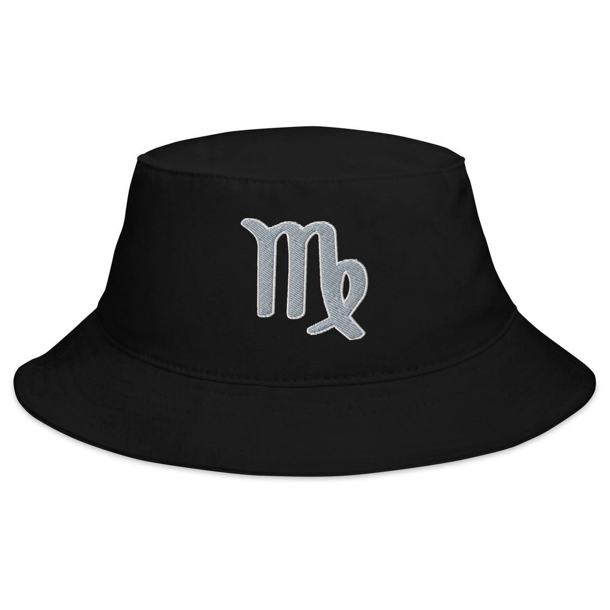 Black bucket hat with Zodiac Sign Virgo embroidered artwork, front view