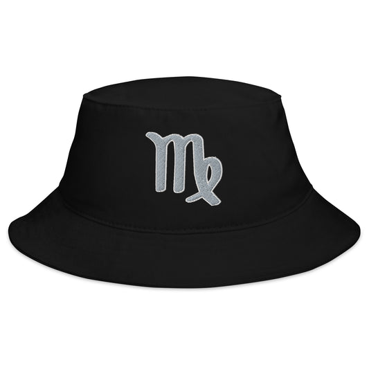 Black bucket hat with Zodiac Sign Virgo embroidered artwork, front view