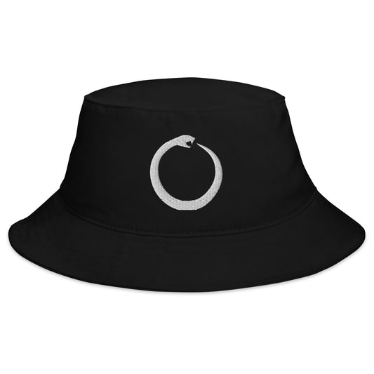 Black bucket hat with Ouroboros Snake Eating Tail Alchemy Symbol embroidered artwork, front view