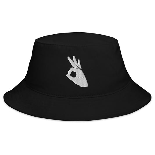 Black bucket hat with Okay Sign Hand Gesture Symbol embroidered artwork, front view
