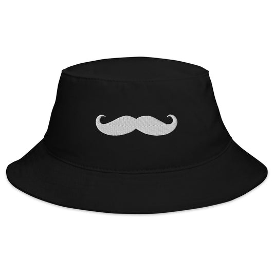 Black bucket hat with Classic Handlebar Mustache embroidered artwork, front view