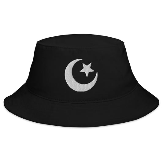 Black bucket hat with Star and Crescent Moon Ancient Symbol embroidered artwork, front view