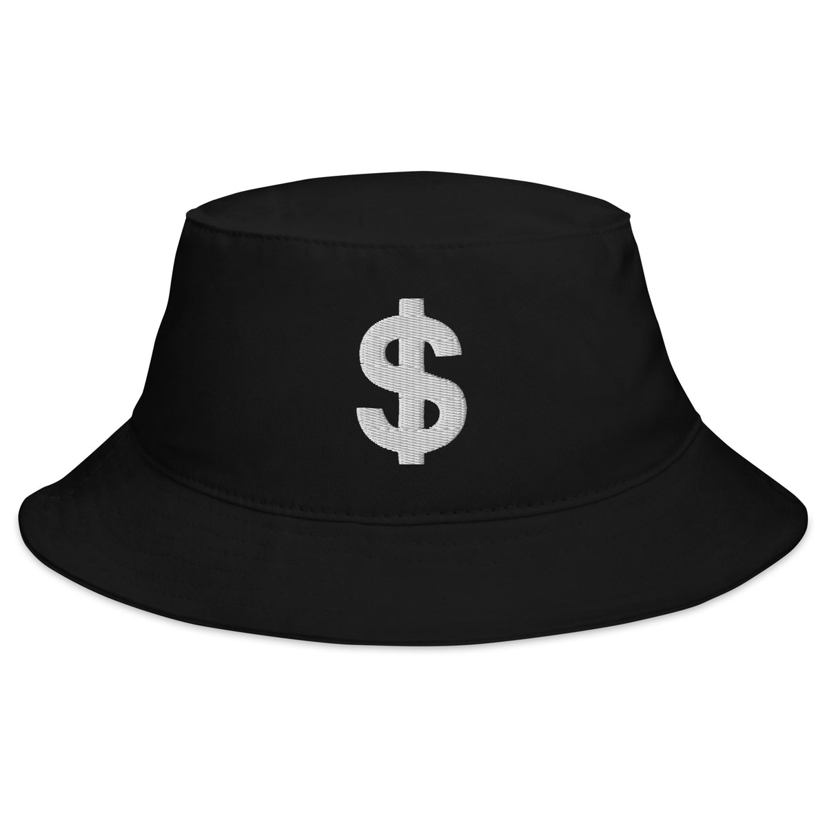 Black bucket hat with The Almighty US Dollar Sign Symbol of Money embroidered artwork, front view