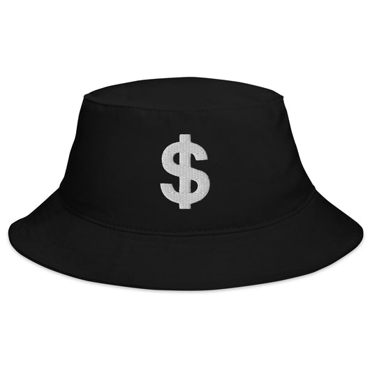 Black bucket hat with The Almighty US Dollar Sign Symbol of Money embroidered artwork, front view