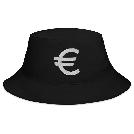 Black bucket hat with The Euro Currency Money Symbol of European Union embroidered artwork, front view