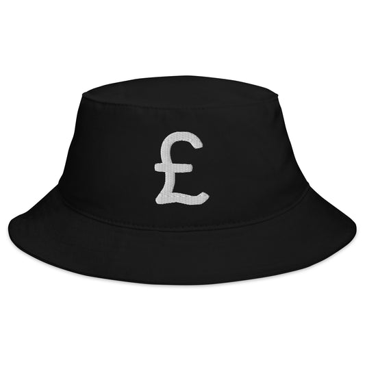 Black bucket hat with The British Pound Sterling Symbol Money Currency embroidered artwork, front view