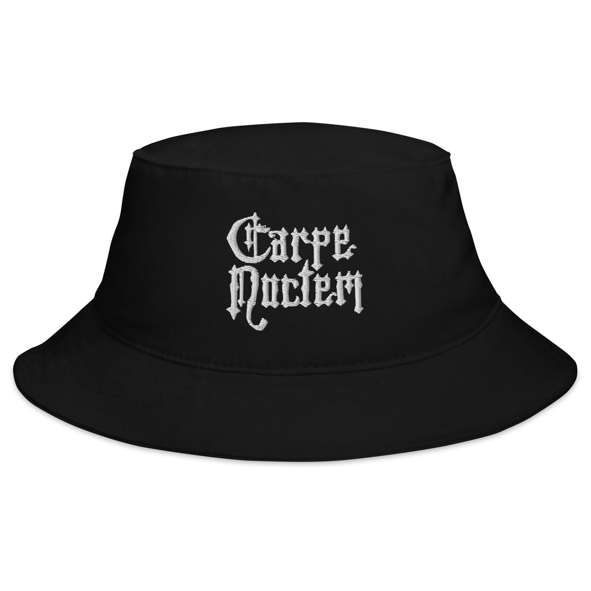Black bucket hat with Carpe Noctem Seize The Night Vampire embroidered artwork, front view
