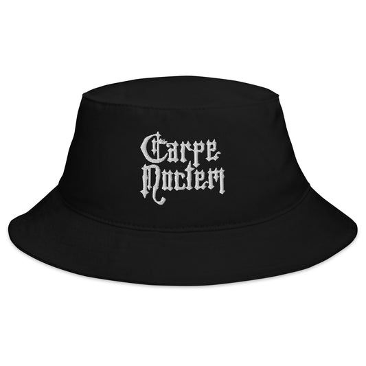 Black bucket hat with Carpe Noctem Seize The Night Vampire embroidered artwork, front view