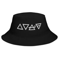 Black bucket hat with Fire Water Wind Earth The Four Elements of Matter embroidered artwork, front view