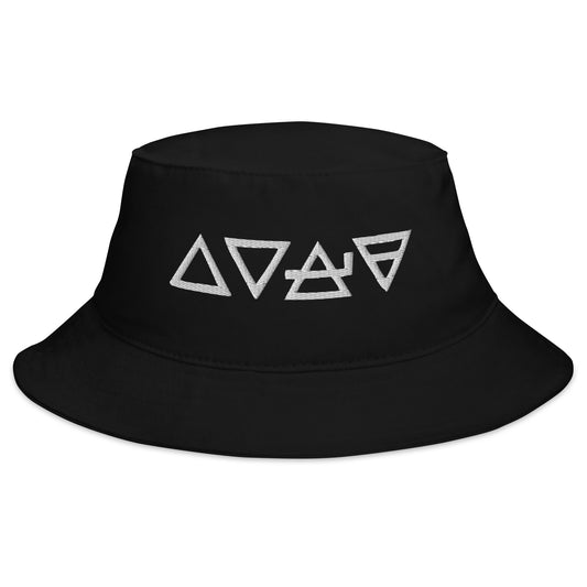 Black bucket hat with Fire Water Wind Earth The Four Elements of Matter embroidered artwork, front view