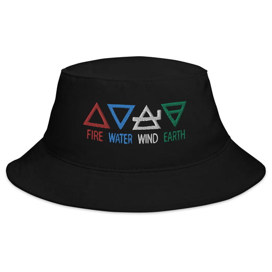 Black bucket hat with Four Elements of Matter: Fire, Water, Wind, Earth embroidered artwork, front view