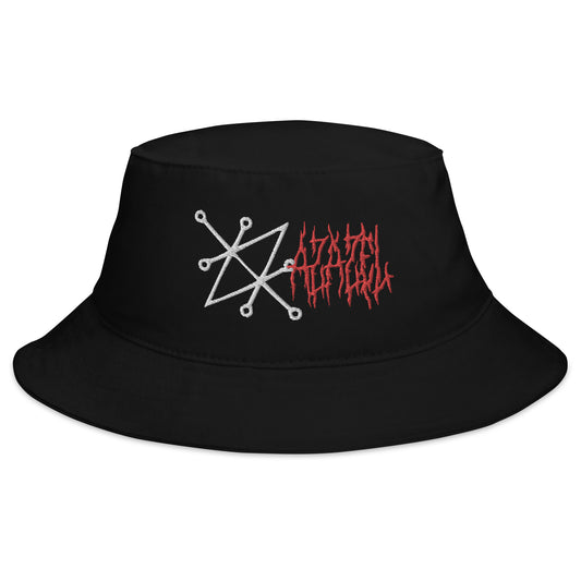 Black bucket hat with Sigil of Azazel Demon Occult Symbol embroidered artwork, front view