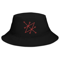 Black bucket hat with Red Sigil of Fallen Angel Azazel Occult Symbol embroidered artwork, front view