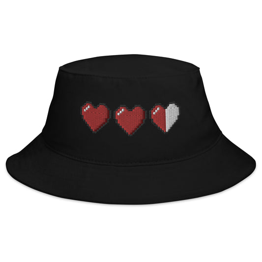 Black bucket hat with 3 Heart Meter Retro 8 Bit Video Game Pixelated embroidered artwork, front view