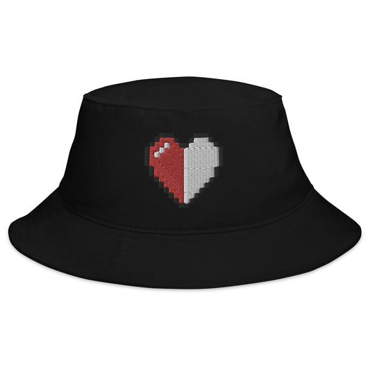 Black bucket hat with Retro 8 Bit Video Game Pixelated Half Life Heart embroidered artwork, front view