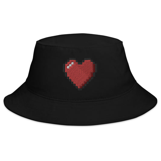 Black bucket hat with Retro 8 Bit Video Game Pixelated Heart embroidered artwork, front view