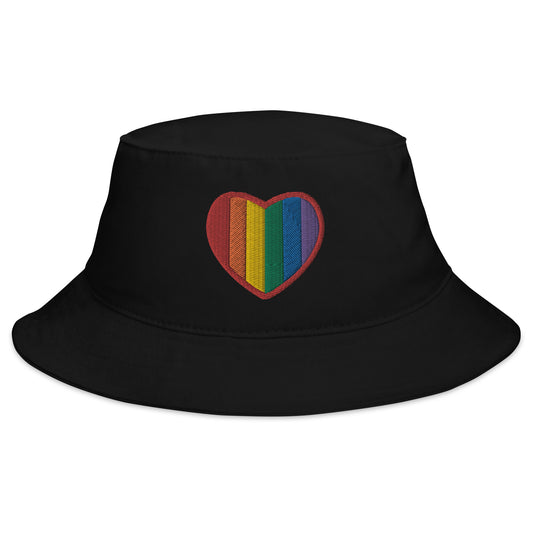 Black bucket hat with Gay Pride Rainbow Colors Heart embroidered artwork, front view