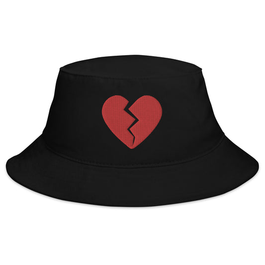 Black bucket hat with Red Broken Heart Valentine's Day embroidered artwork, front view