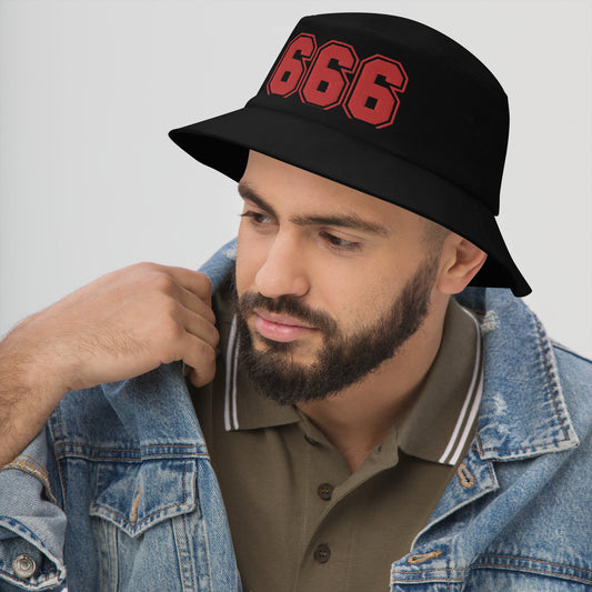 Black bucket hat with Red 666 The Number of the Beast Evil embroidered artwork, left-front view
