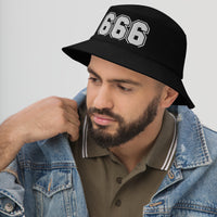 Black bucket hat with White 666 The Number of the Beast Evil embroidered artwork, left-front view