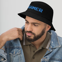 Black bucket hat with 8 Bit Gamer embroidered artwork, left-front view