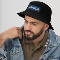 Black bucket hat with 80's Retro Style 8 Bit Gamer embroidered artwork, left-front view