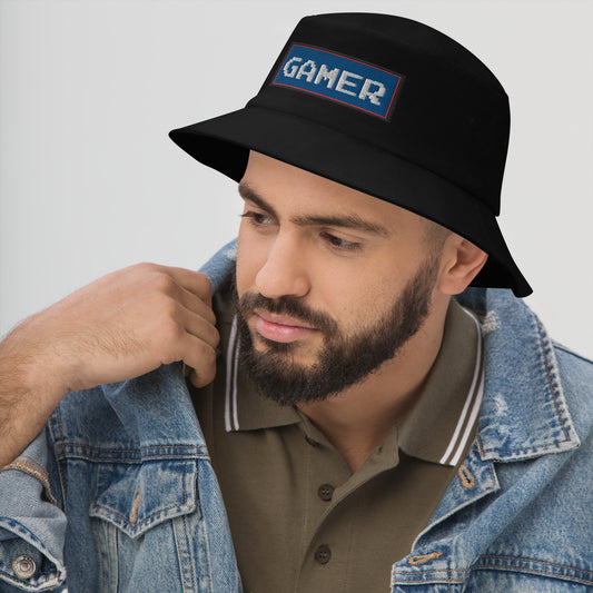 Black bucket hat with 80's Retro Style 8 Bit Gamer embroidered artwork, left-front view
