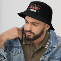 Black bucket hat with 80's Style Mix Tape embroidered artwork, left-front view