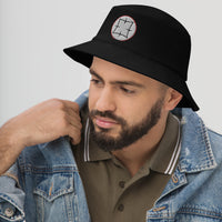 Black bucket hat with Ancient Japanese Symbol embroidered artwork, left-front view