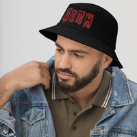 Black bucket hat with Black and Red Vertical Stripe Goth embroidered artwork, left-front view